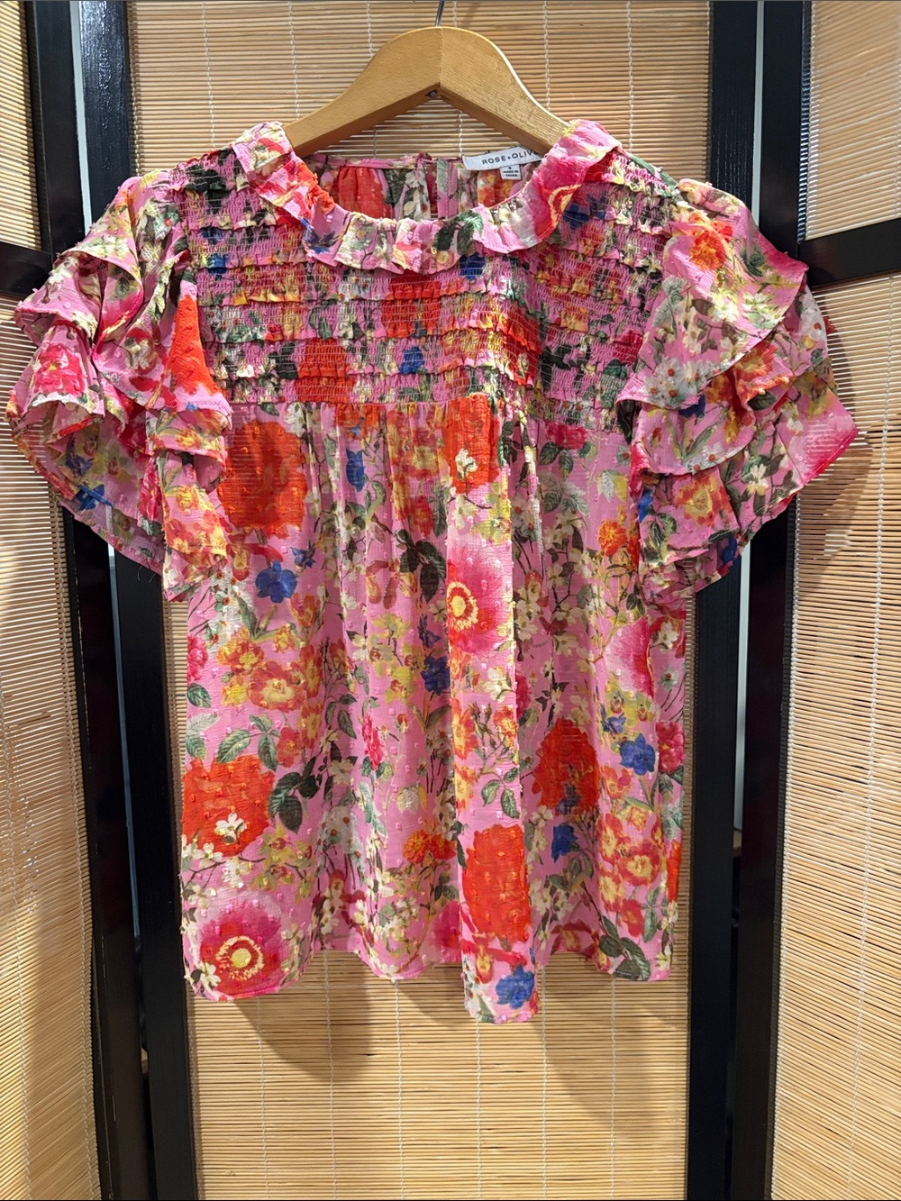 Rose & Olive Pink Floral Ruffle Sleeve Top